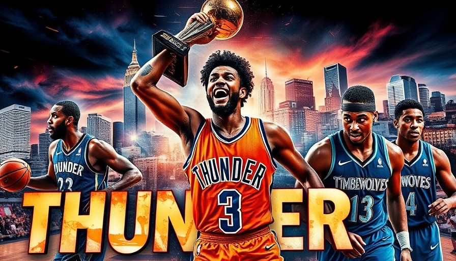 Dynamic basketball collage: Thunder vs Timberwolves, colorful backdrop.