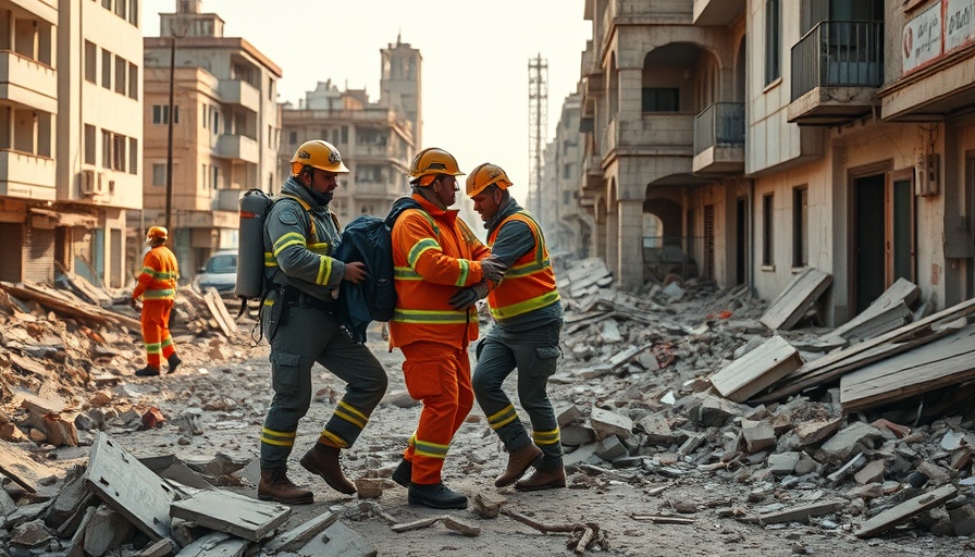 Gaza emergency workers amidst rubble after airstrikes.