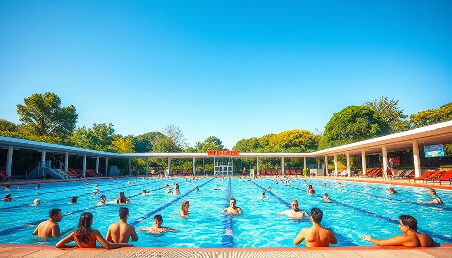 Houston public pool open with people swimming and lifeguards on duty.