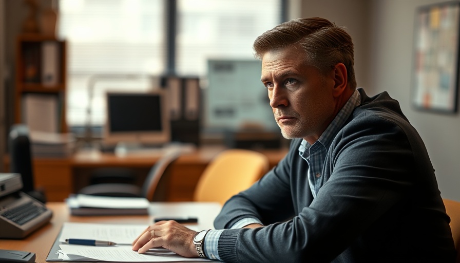 Concerned man pondering at desk about Biden cancer diagnosis.