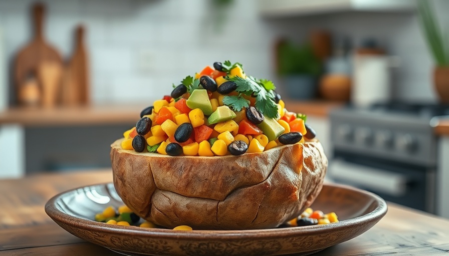 Appetizing loaded baked potato bowl with colorful toppings on a plate.