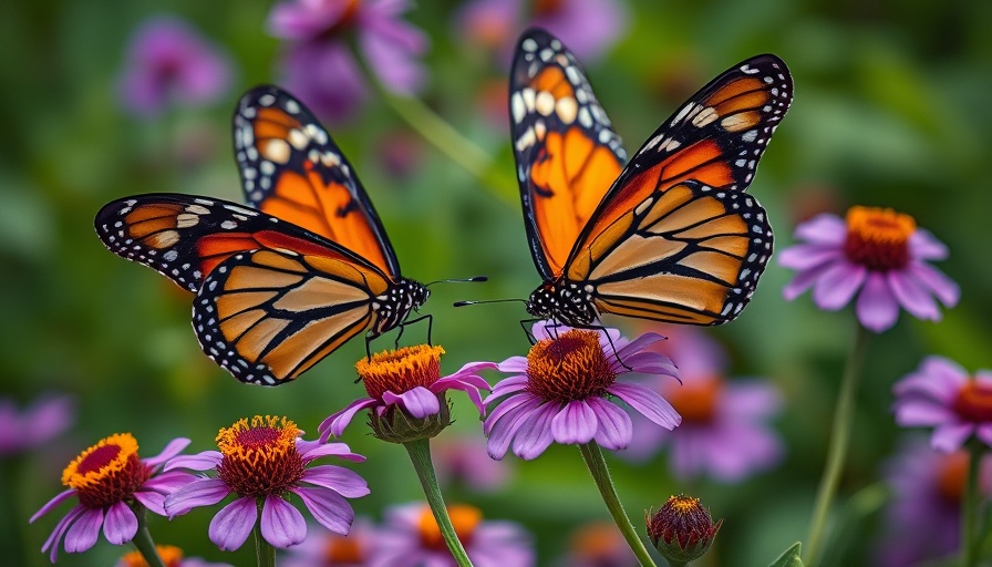 Monarch butterflies resting on flowers, highlighting their vibrant colors and delicacy amid natural greenery.