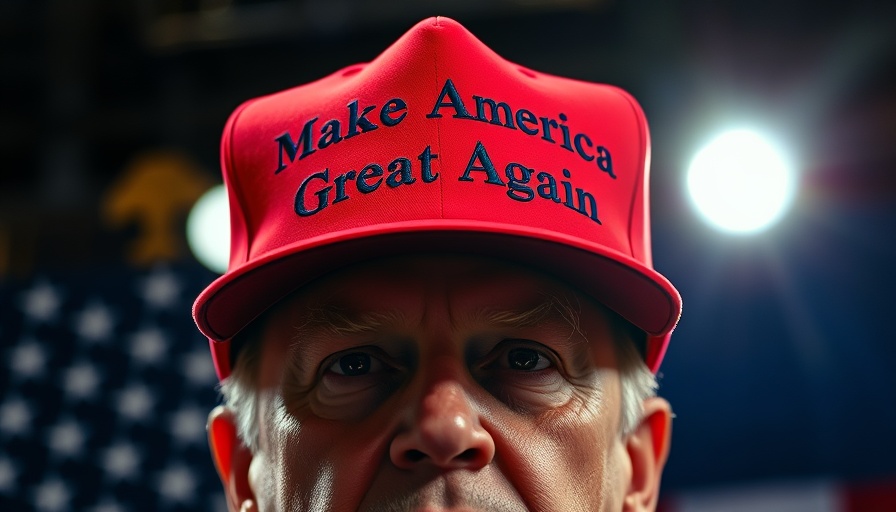 Close-up photorealistic scene of a man wearing a red 'Make America Great Again' hat with a flag background.