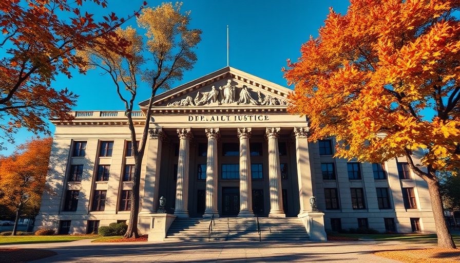 Department of Justice building with autumn trees in the Texas doctor fraud case context.