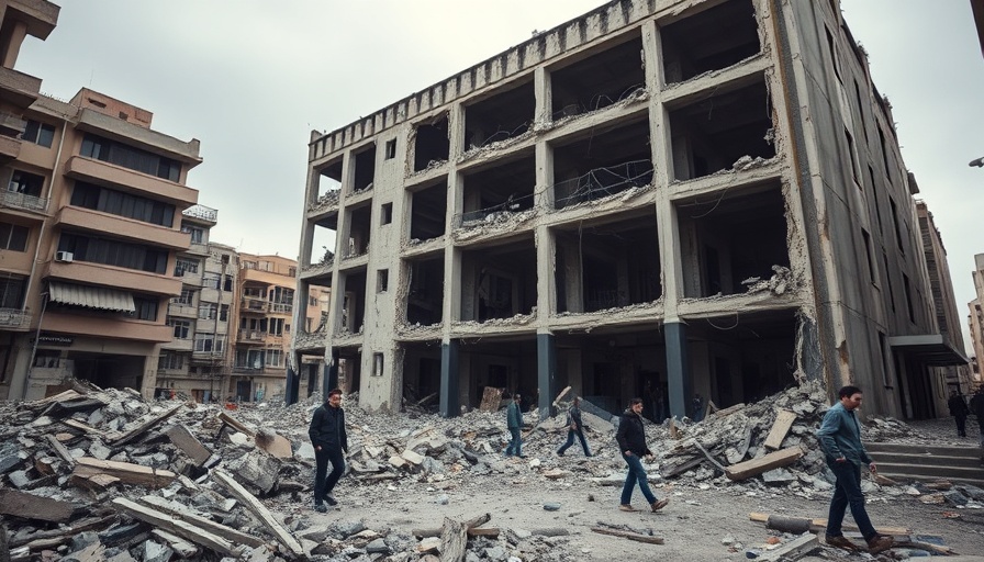 Damaged building in Ukraine with rubble and people assessing damage.