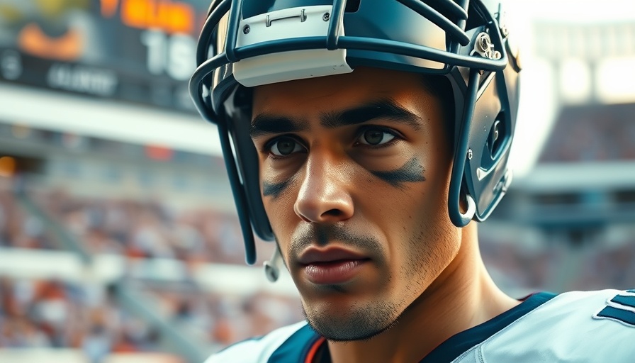 College football player close-up with stats overlay, stadium background.