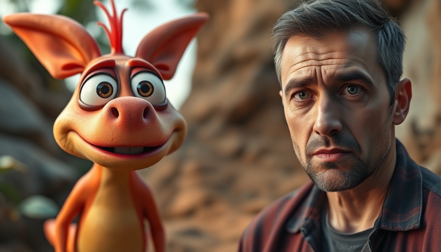 Split image of cartoon creature and man symbolizes summer movie season.