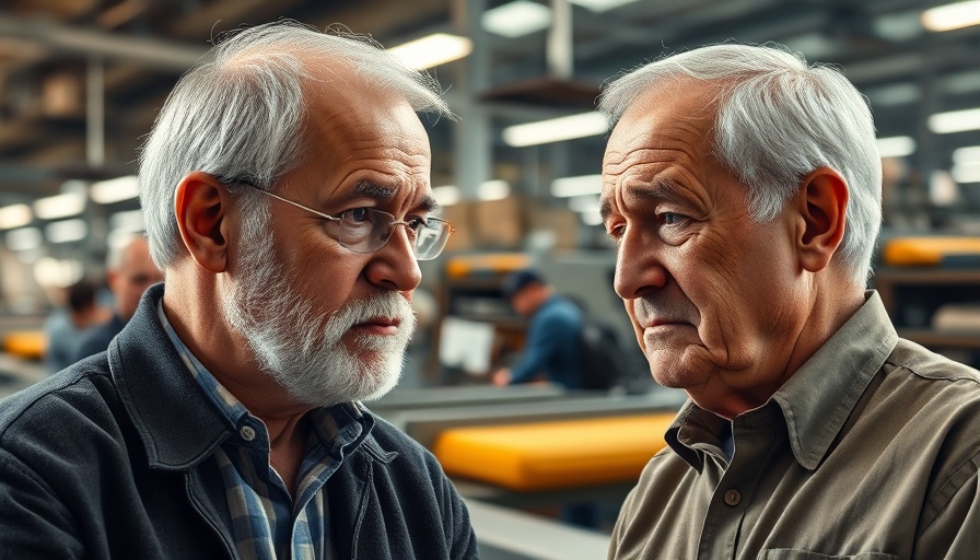 Collage of serious older men, backdrop of U.S. manufacturing and textile industry.