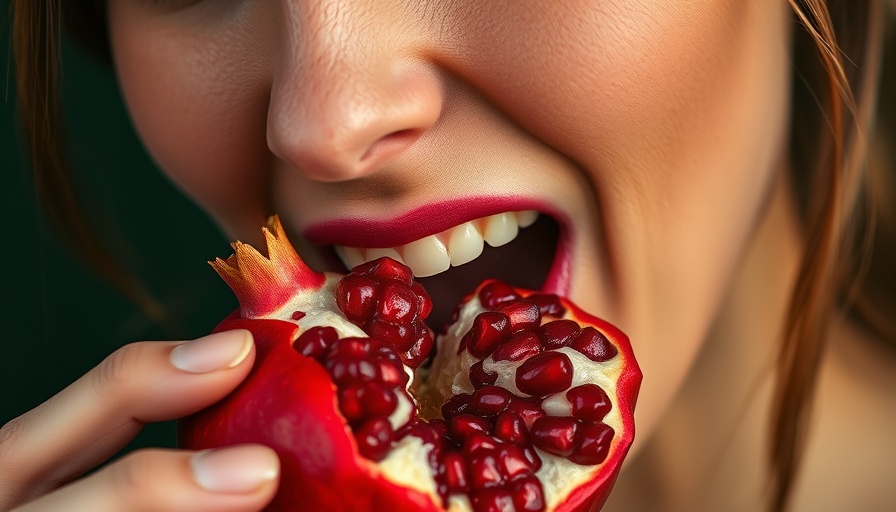 Close-up of a woman biting into a juicy pomegranate with a dark green background, illustrating the health benefits of eating pomegranate before bed.