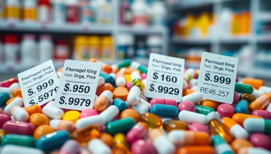Pharmaceutical pills with price tags illustrating US drug prices doubling.