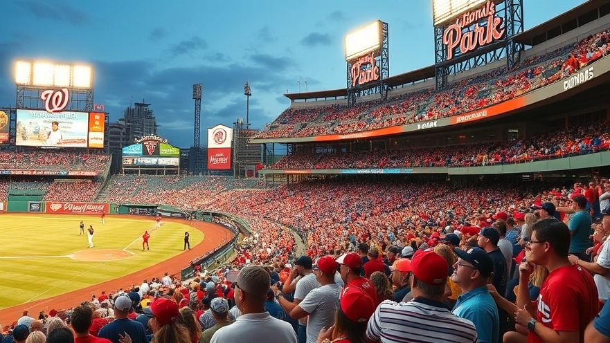 Vibrant baseball community connections at Nationals Park, fans cheering in team colors.