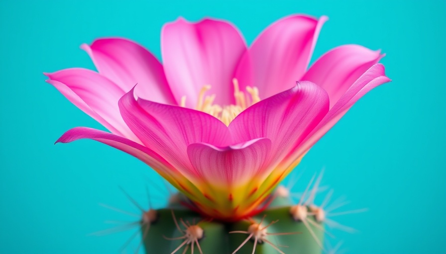 Vibrant cactus flower living with purpose, bright pink on turquoise.