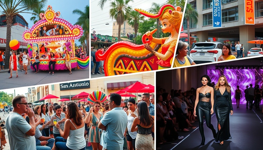 Collage of San Antonio events with parade, drinks, and fashion show.