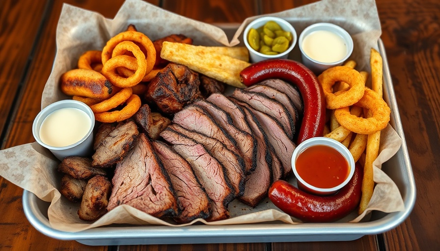 Junebug's BBQ Fredericksburg platter with brisket and sides.