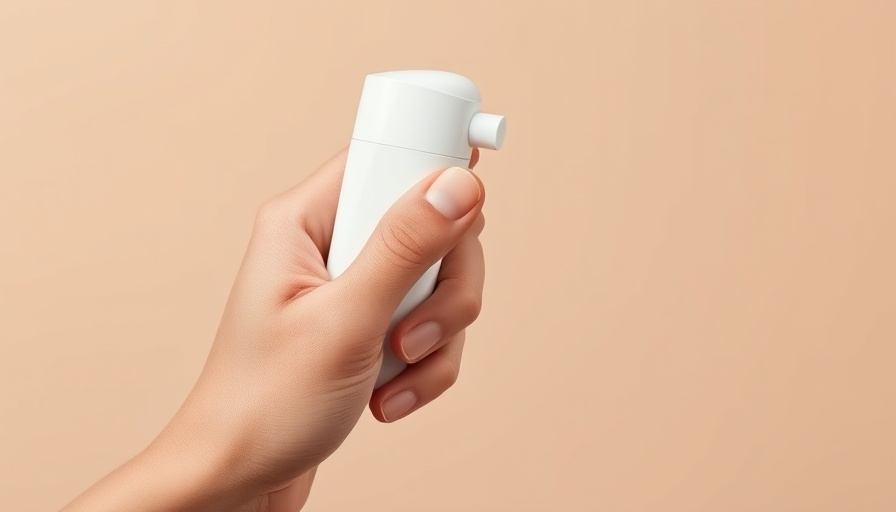 Hand holding antiperspirant stick against beige background.