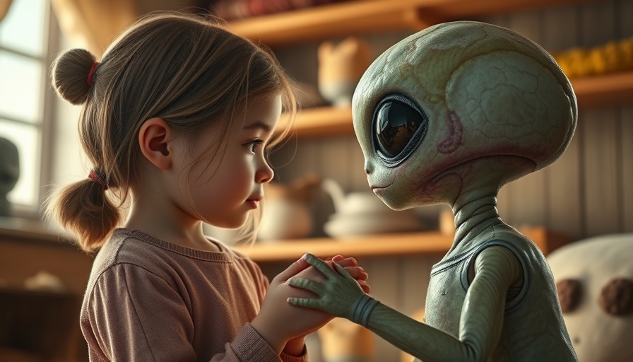 Heartwarming scene of young girl and fluffy alien in cozy room.