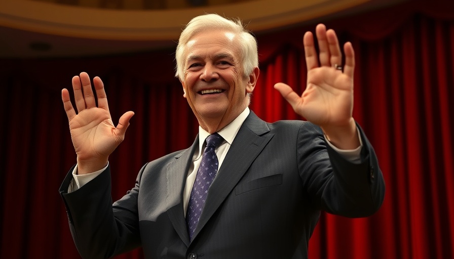 Distinguished older man in a suit smiling and waving on a stage.