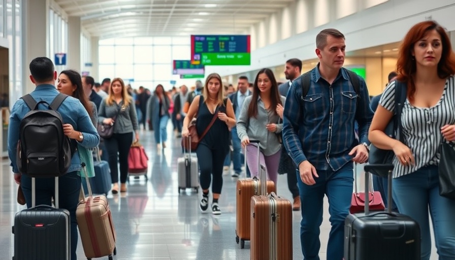 Travelers navigating busy airport during Memorial Day Weekend.