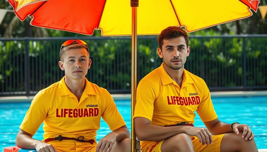 Houston lifeguards hiring: Lifeguards seated under umbrella at poolside.