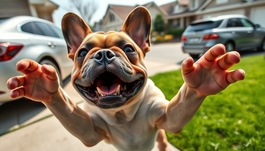 Joyful French Bulldog plays on grass in a suburban driveway.
