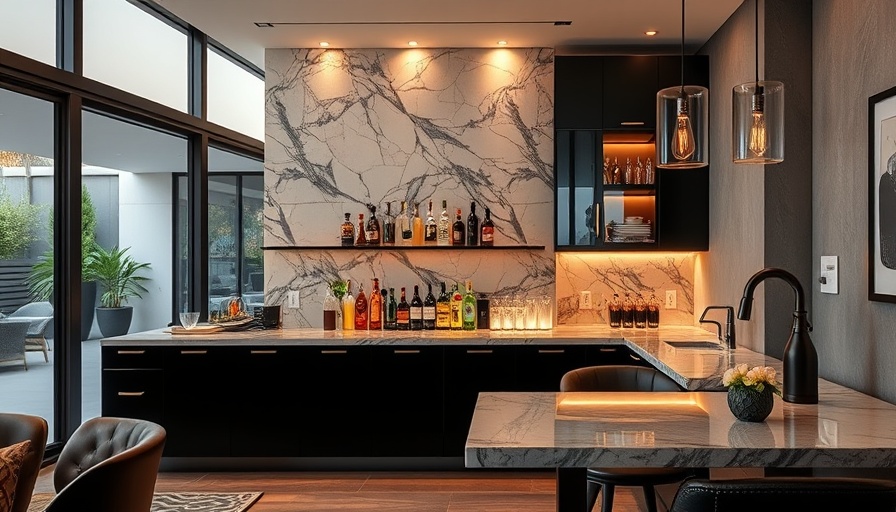 Modern home cocktail bar with elegant design and lighting.