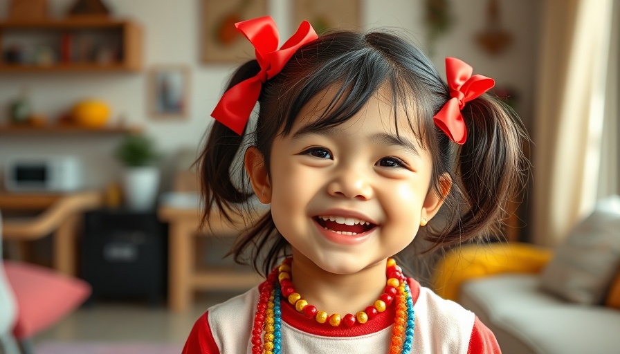 Smiling young girl wearing red with bows, cheerful and vibrant setting.