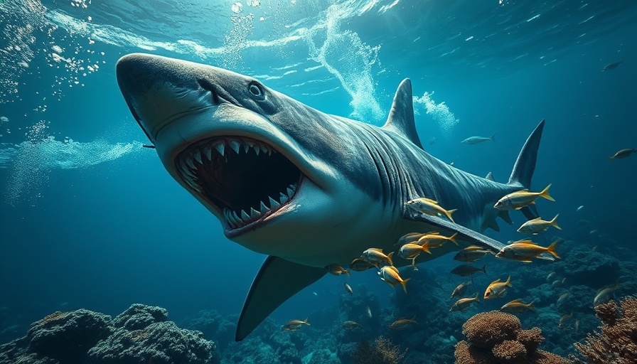 Vivid depiction of a megalodon's diet in a prehistoric ocean setting.