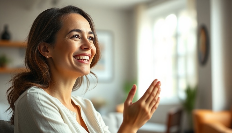 Smiling woman gesturing in a bright room, peaceful productivity.