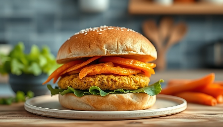 Curried sweet potato burger with fresh toppings on a bun.