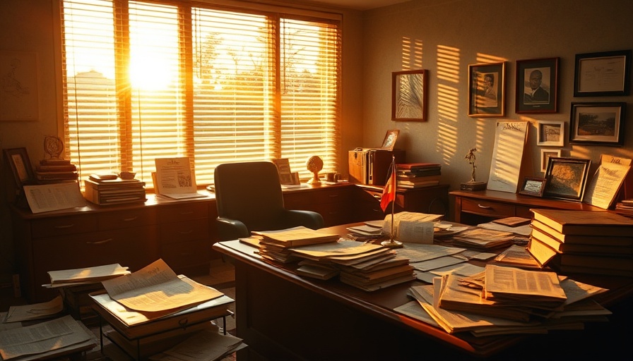 Dramatic office with election documents, golden lighting.