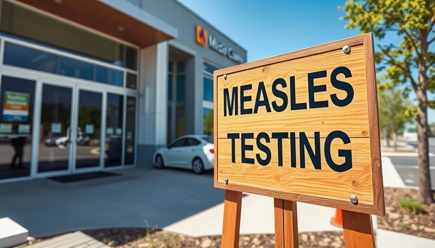 Measles testing sign at a Texas medical facility, context for vaccine exemptions.