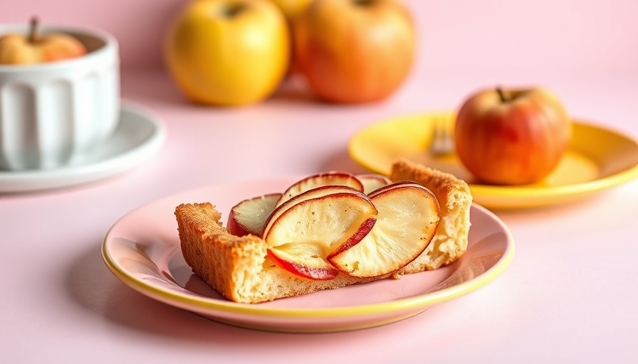 Diabetes-friendly apple tart on colorful plates with fresh fruit.