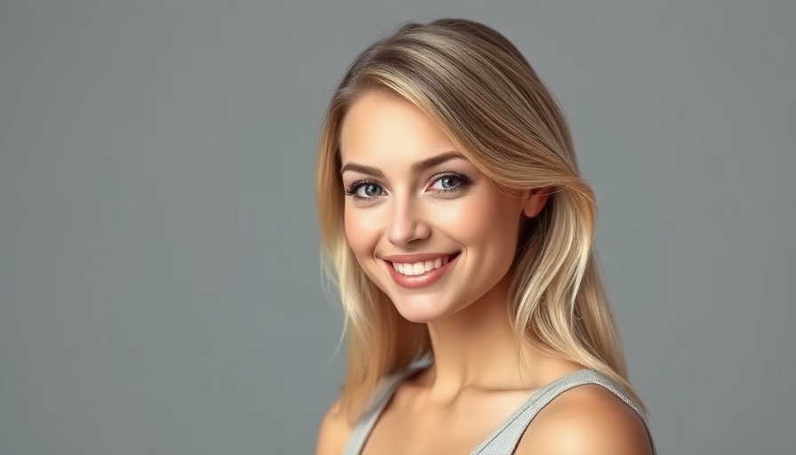Confident young blonde woman smiling, breast implant rupture awareness.