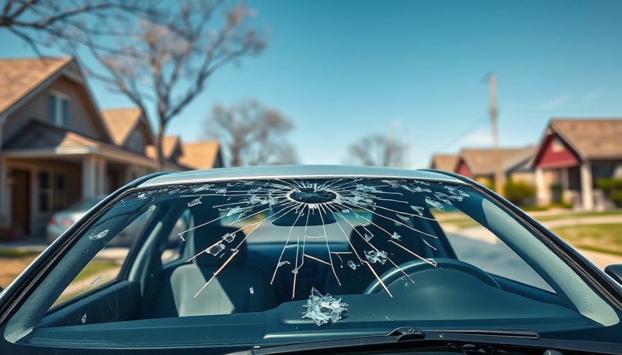 Hail-damaged car in sunny San Antonio suburb, weather impact.