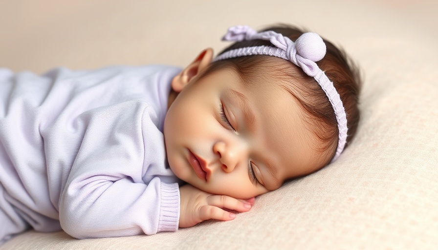 Sleeping infant in lavender outfit, serene and peaceful setting.