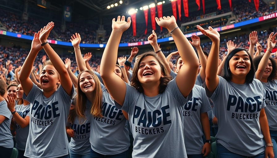 Enthusiastic fans in Paige Bueckers merchandise at sports event.