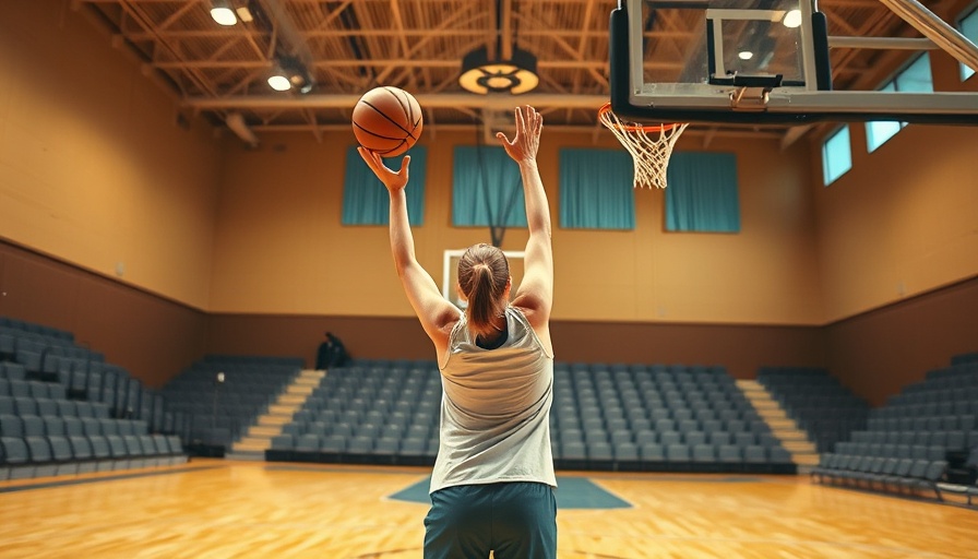 Paige Bueckers attempting a half-court shot in an indoor basketball court.