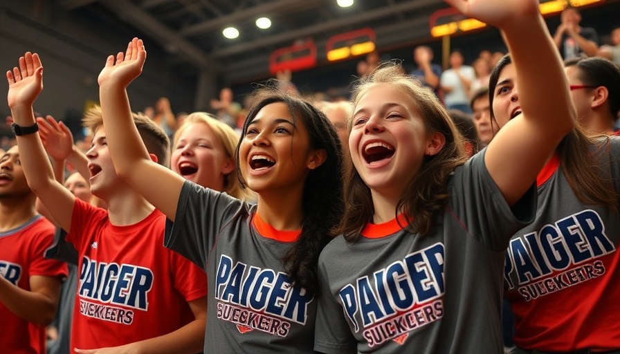 Young fans excitedly wearing Paige Bueckers shirts at a sports event.