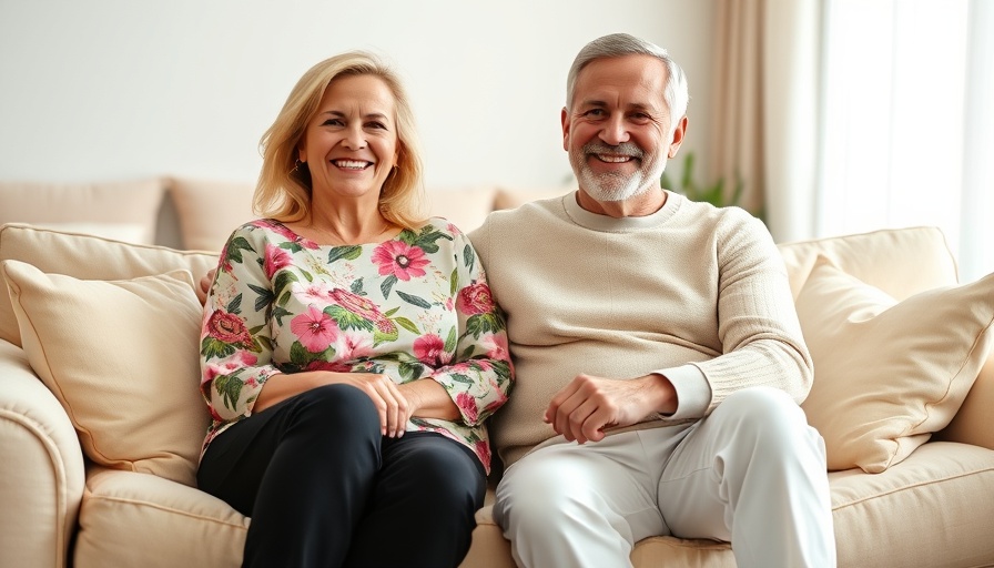 Joyful couple on living room sofa, smiling warmly.