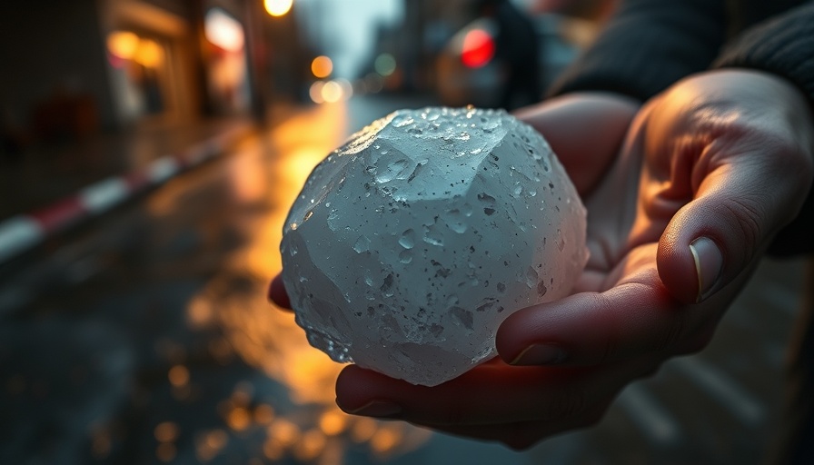 San Antonio weather updates showing large hailstone in hands.