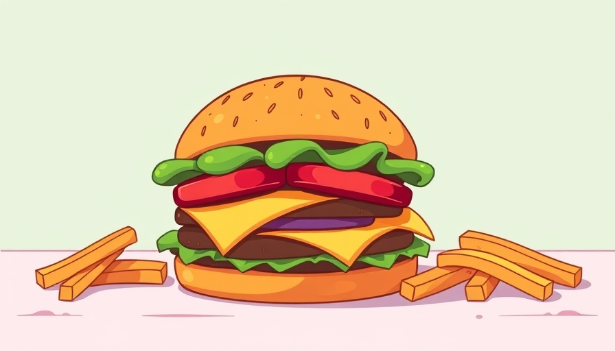 Whimsical cheeseburger and fries in a cartoon style for health taxes concept.