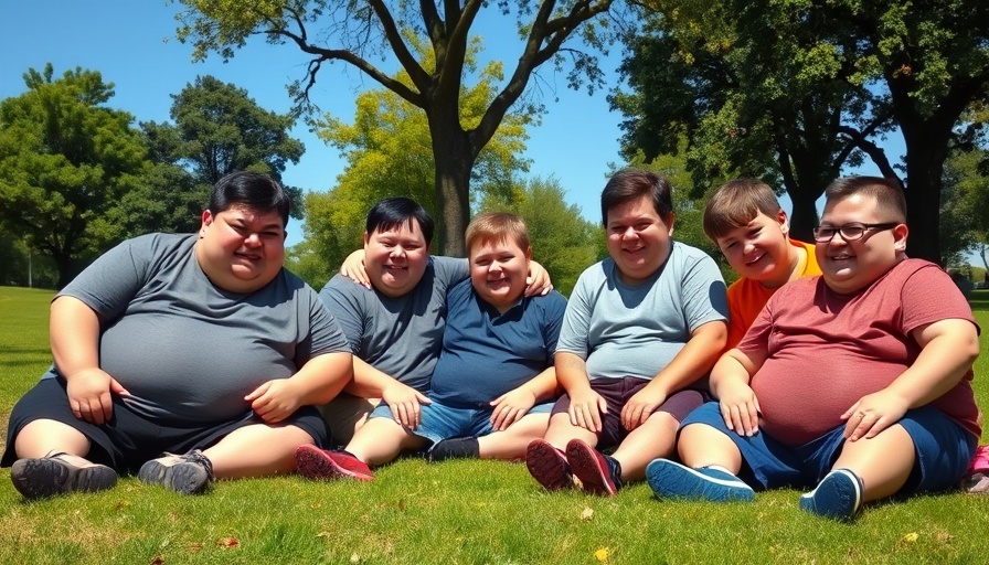 Overweight boys sitting in a park, showing positive interaction, sunny day.