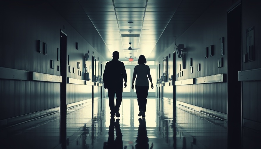 Silhouette of two people in hospital corridor, health and wellness.