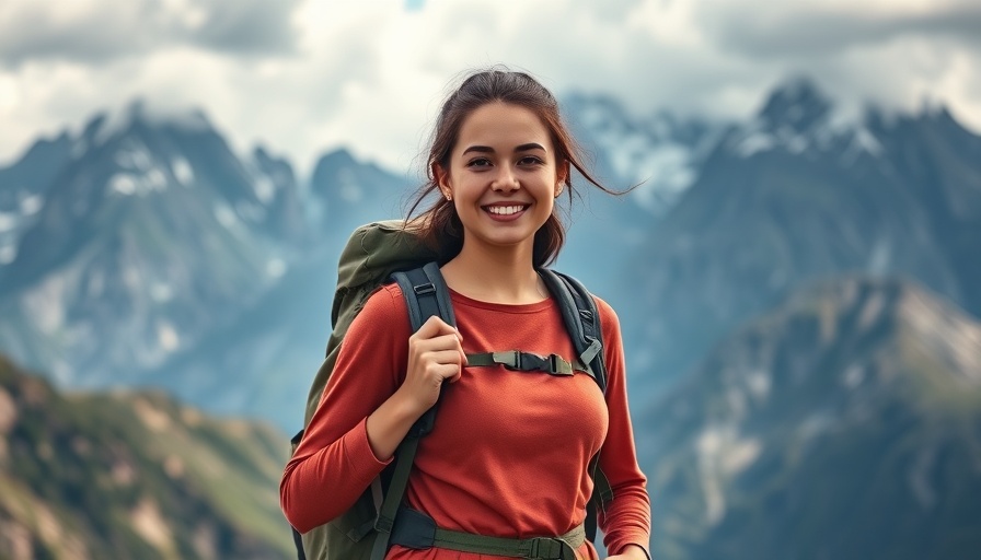 Confident woman hiker enjoying outdoor adventure in mountains.