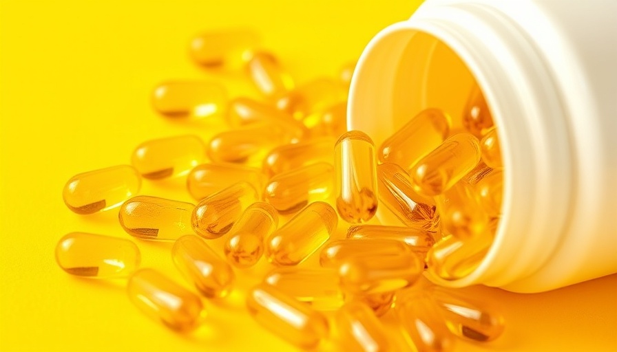 Translucent golden vitamin D capsules from a bottle, bright yellow background