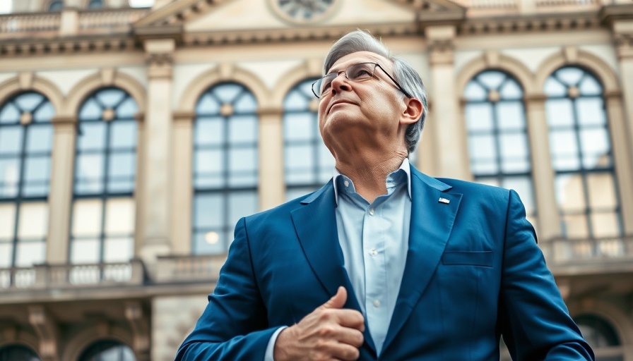 Confident man in suit stands before a grand city hall building; Ron Nirenberg's political journey.
