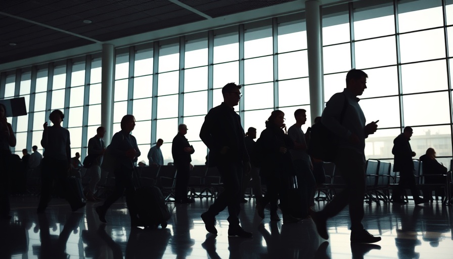 Travelers in a bright airport terminal with large windows