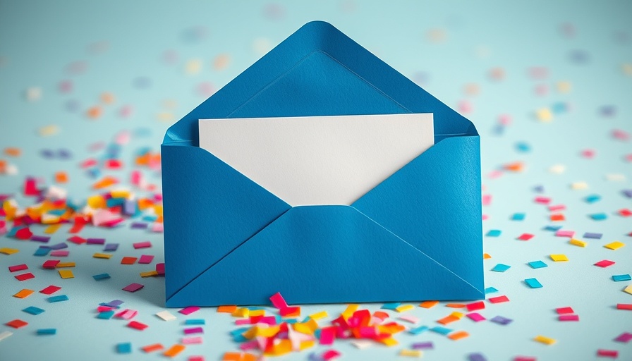 Elegant invitation in blue envelope with colorful confetti background.