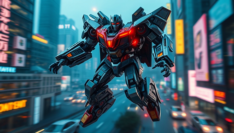 Futuristic mid-air transforming robot in cityscape.