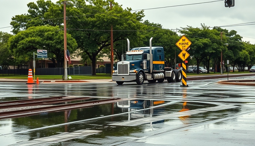 Wet Texas railroad crossing with truck at intersection, highlighting safety.